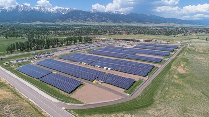 Aerial view of large solar power farm in open landscape