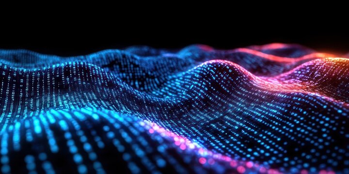 Binary Code Waves in Futuristic Digital Landscape