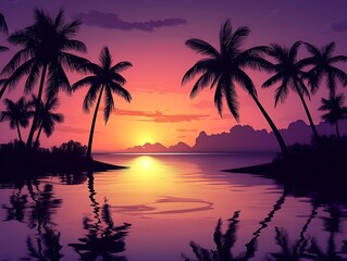 Fiery Orange and Purple Sunset with Silhouetted Palm Trees Reflecting Over a Tranquil Tropical Lagoon, Creating a Serene and Dreamy Beach Paradise Scene