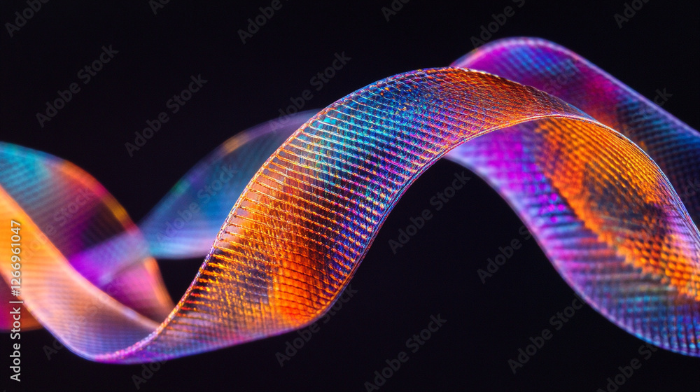 Poster colorful ribbon twisting in the air against a dark background creating vibrant patterns