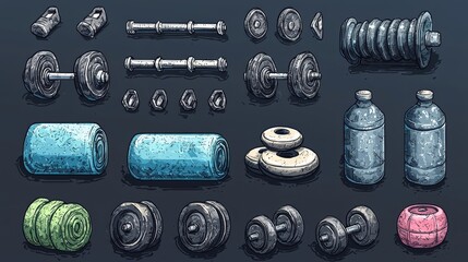 A collection of gym equipment and accessories for fitness activities.