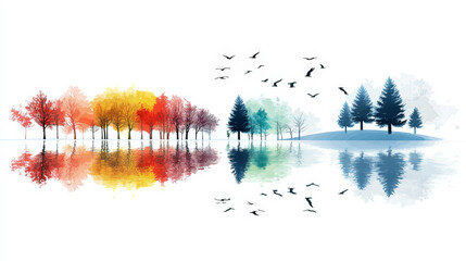 A tranquil winter landscape featuring vibrant, colorful trees, a calm lake reflecting their beauty, and birds soaring in the crisp sky.  Generative AI