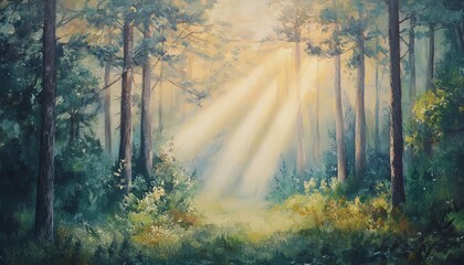 Fototapeta premium Serene forest scene, tall trees enveloped in soft light, lush greenery, tranquil atmosphere, nature's peaceful embrace