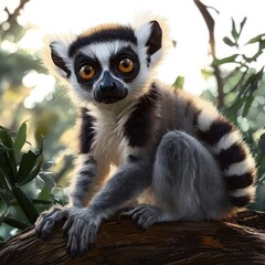 Fototapeta premium Realistic Portrait of a Lemur on a Log with Expressive Eyes and Detailed Fur in a Natural Setting