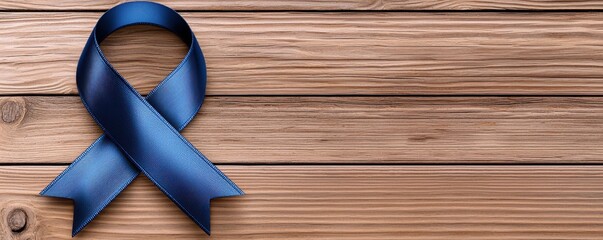 Dark blue ribbon for colorectal cancer awareness concept. Blue ribbon on wooden background for awareness or celebration