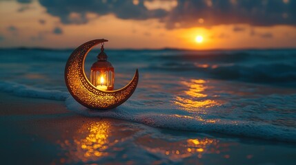 Ramadan lantern on beach, reflecting sunset light in ocean waves. Greeting card