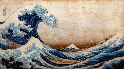 Fotobehang Ocean Waves in Japanese Woodblock Print Style with Blue and Brown Tones © Margarita