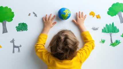 Exploring Nature's Wonders - Child's Hands Reaching for Globe in Enchanting Flat Lay Composition