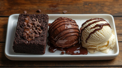 Chocolate and vanilla ice-cream balls with a slice of dark chocolate on premium white glass plate. Suitable for marketing or business purposes