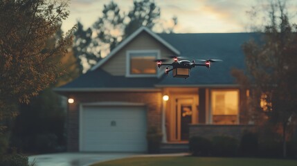 Drone soaring above a suburban home, delivering a package, showcasing modern technology and convenience in daily life