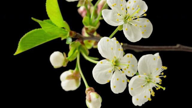 4K Time Lapse of blooming white Cherry flowers on black background. Spring timelapse of flowering flowers on branches Cherry tree.