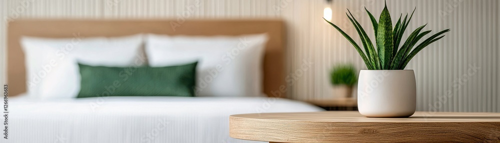 Poster cozy modern bedroom setting with plants and soft light creating a serene and inviting atmosphere