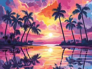 Fiery Orange and Purple Sunset with Silhouetted Palm Trees Reflecting Over a Tranquil Tropical Lagoon, Creating a Serene and Dreamy Beach Paradise Scene