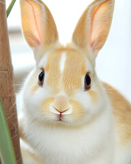 Obraz premium Close-up of a rabbit with golden fur, white markings, and large, expressive dark eyes peering directly at the viewer.