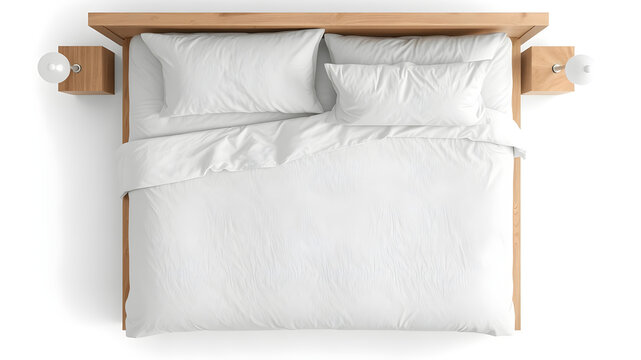 Blank white bed mock up, top view isolated on white background. Empty blanket and pillows mockup in bedstead