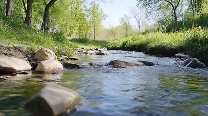 Serene Stream Flows Through Lush Green Woodland