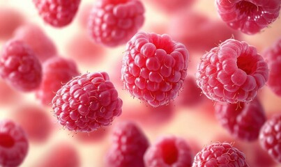 Fresh Ripe Raspberries Flying on Light Pink Background
