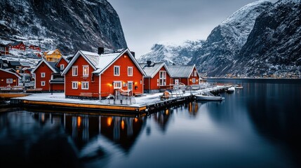 Fototapeta premium Charming Red Wooden Houses on Serene Blue Water in Snow-Covered Mountain Landscape