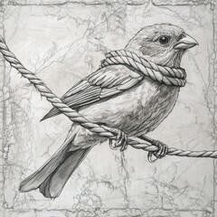 Fototapeta premium A Detailed Black & White Illustration of a Sparrow Tied in Knots, Symbolizing Struggle and Constraint.
