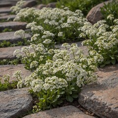 A soft-focus image of white alyssum flowers spreading across a stone pathway.