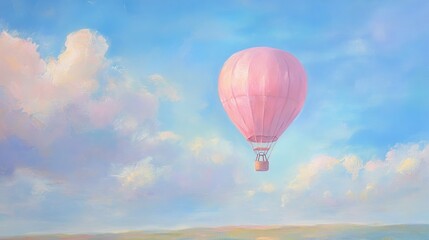 Fototapeta premium Delicate pink hot air balloon gliding serenely over lush landscapes, evoking tranquility and wonder in the sky.