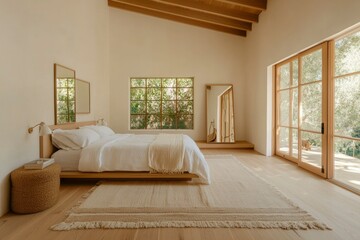 Fototapeta premium Bedroom interior cozy, modern home with natural light from window