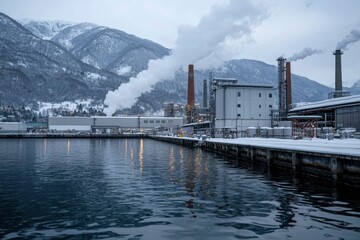Fototapeta premium Industrial plant emits smoke by lake with snow covered mountains beyond