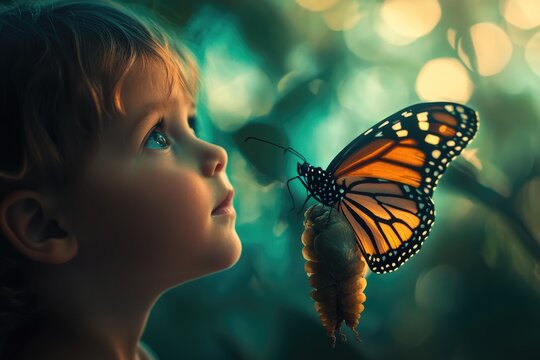 A child gazes in wonder at a newly emerged monarch butterfly, symbolizing transformation and new beginnings. - Powered by Adobe