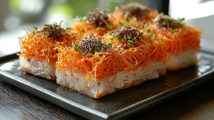 Artistic sushi with colorful garnish in restaurant. Food photography use