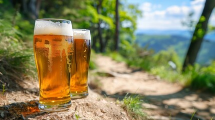 Two glasses of refreshing beer overlooking a breathtaking mountain landscape in a scenic view