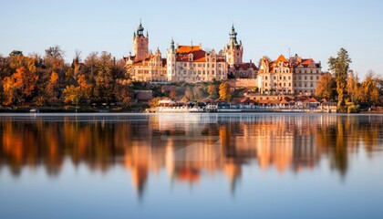 Fototapeta premium Castle reflection on lake with autumn trees. Travel destination scene
