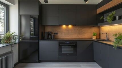 Spartan Kitchen with Matte Black Appliances and Natural Greenery