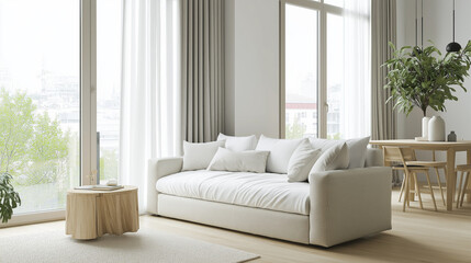 Bright studio apartment with modern sofa bed, compact dining area, and natural light flooding through floor-to-ceiling windows.