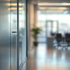 Blurred office interior background with a blurred door and glass wall, blurry bokeh light effect for a business concept design. High-quality photo, taken with a telephoto lens in realistic daylight.