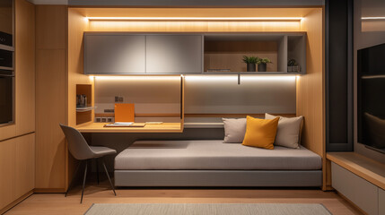 Smart micro-apartment with multifunctional furniture, including a fold-down desk, convertible bed, and sliding kitchen counter, featuring warm wood tones and soft gray textiles