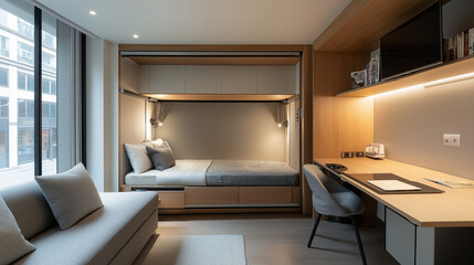 Smart micro-apartment with multifunctional furniture, including a fold-down desk, convertible bed, and sliding kitchen counter, featuring warm wood tones and soft gray textiles