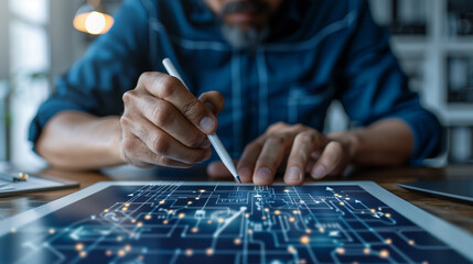 Designing the Future: A close-up shot of a designer's hands using a stylus on a tablet, showcasing intricate circuit designs overlaid on the screen, symbolizing innovation and technological progress.