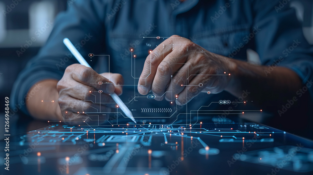 Poster designing the future: close-up of hands skillfully manipulating a digital circuit board, showcasing 