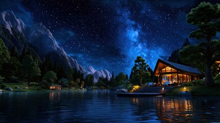 Fototapeta premium Serene Night Landscape with Cabin and Starry Sky Over Calm Lake in Majestic Mountains