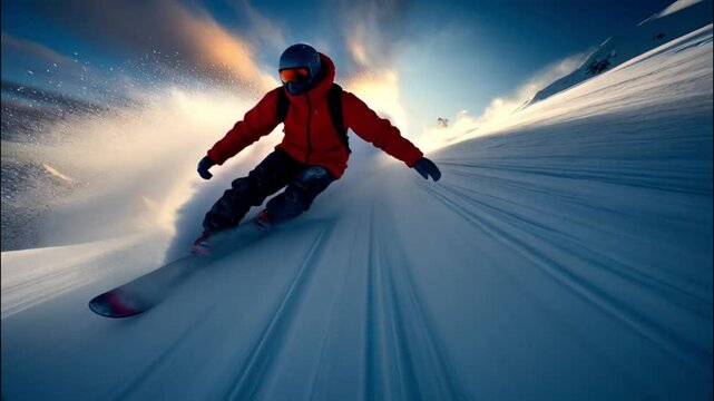 Snowboarder in a red jacket speeding down a snowy mountain slope, capturing fast-paced winter action.  
