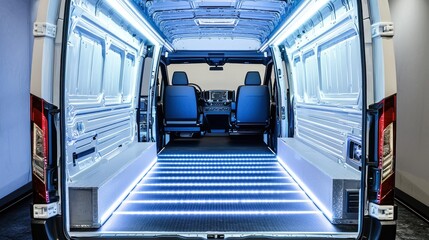 Obraz premium Interior van, illuminated floor, modern design, warehouse background