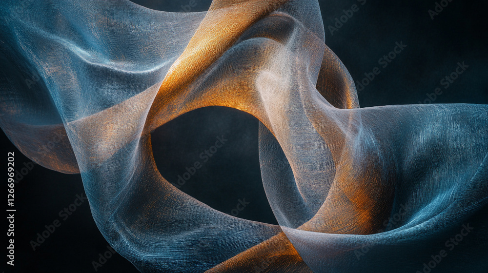 Poster swirling fabric creating an ethereal effect with shades of blue and gold in a dark setting