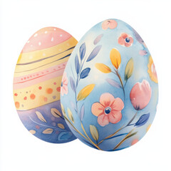 A detailed clipart watercolor easter eggs isolated on a white background. The overall ambiance of the painting is serene and spring feel
