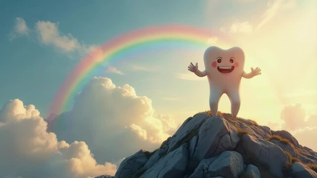 Cheerful cartoon tooth character standing triumphantly on mountain with rainbow in background. Happiness toothy smile. Human teeth healthcare and medicine.