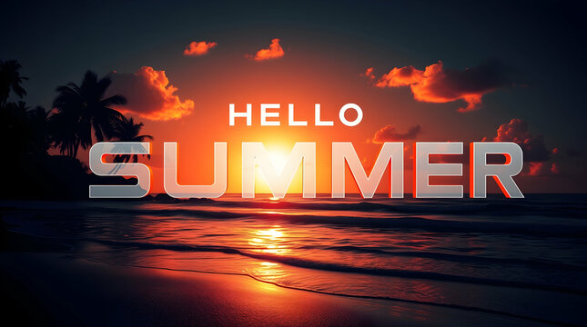 "Hello Summer" text overlay on a vibrant beach sunset scene with silhouetted palm trees, capturing a warm, inviting, and celebratory summer evening atmosphere.
- Powered by Adobe