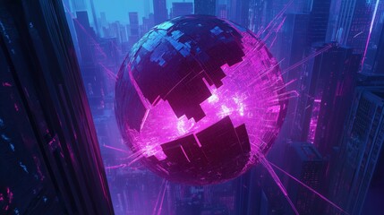 Obraz premium Futuristic glowing sphere with digital fragments over cyberpunk cityscape