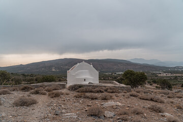 The incredible landscape near the Ha gorge in Crete, Greece. With a nice chapel and views over the...