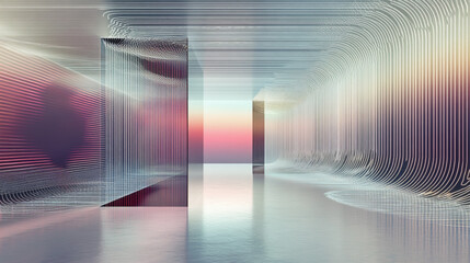 Technology background, conceptual digital landscape to use in banners and websites, showing grey lines and pink light abstract data streams in a room