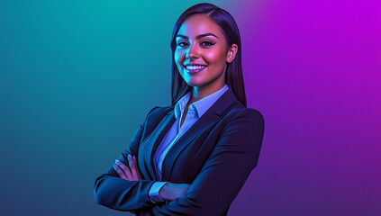 Confident Businesswoman in Neon Studio Lighting with Bold Expression