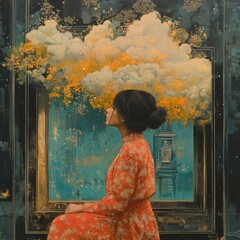 Woman in Red Dress Contemplating Dreams with Colorful Clouds